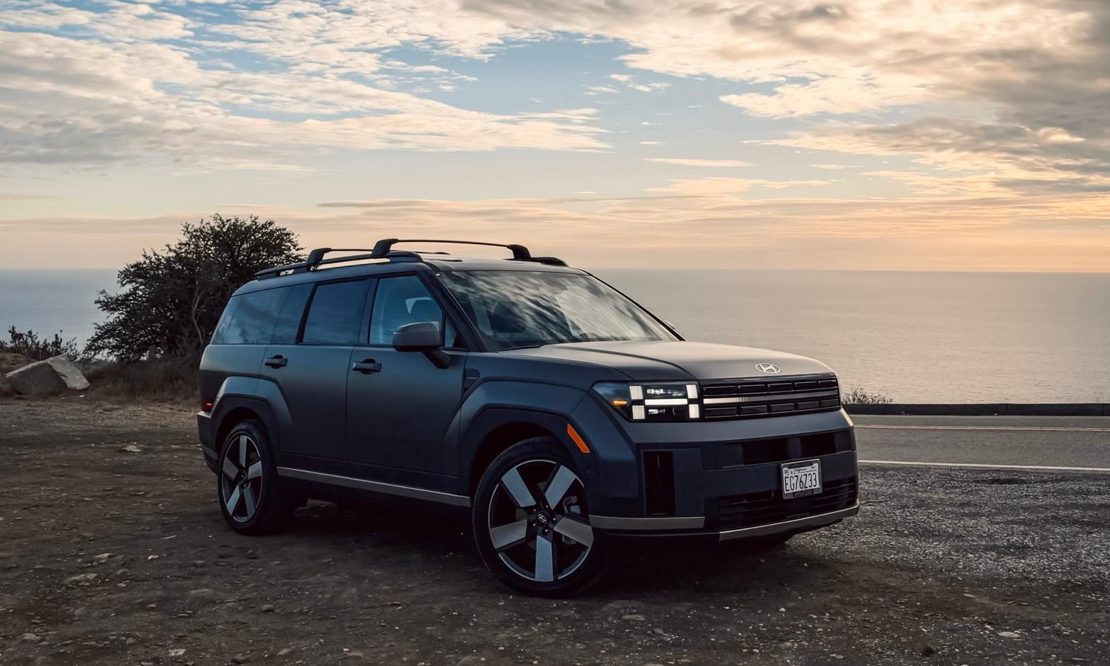 Hyundai Santa Fe Hybrid on the Pacific Coast Highway at sunset